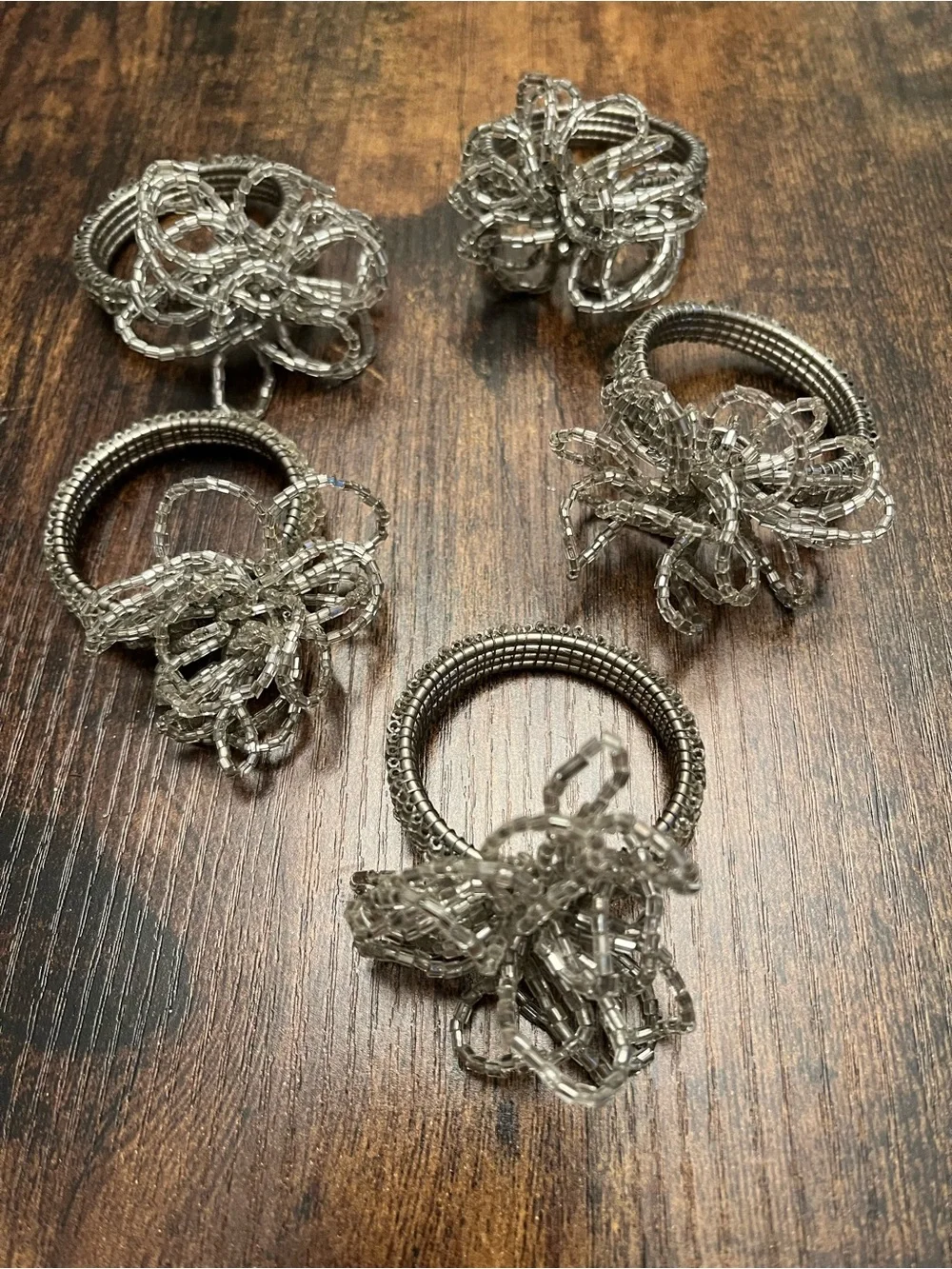 Bling Glass Beaded Napkin Ring Holders 5 Silver Table Setting Dinner Fairy